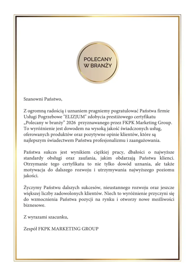 Usługi Pogrzebowe Elizjum List - Certyfikat Polecany w branży